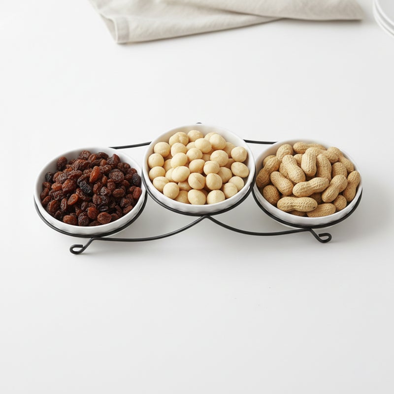 Shallow 3PCS Round Porcelain Bowl Set with Metal Stand – 14cm White Serving Bowls for Dates, Snacks & Desserts | Ramadan, Eid, Diwali, Festive Hosting & Gifting - Image 3